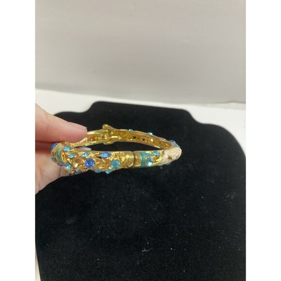 Aqua Blue Flower Rhinestone And Enamel Bangle Hinged Cuff Bracelet Gold Tone - Picture 5 of 6
